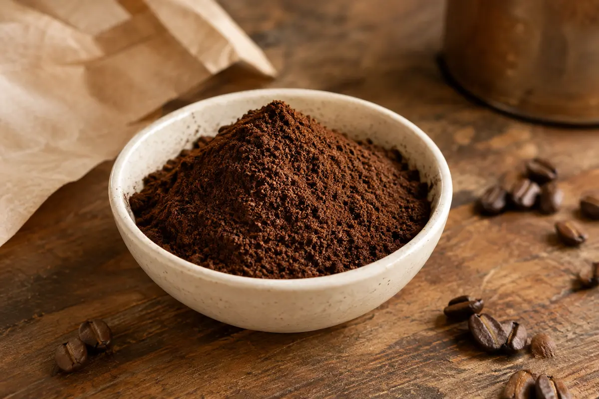 Café moulu brun dans une coupelle en céramique crème, posé sur un comptoir en bois patiné.