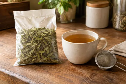 Sachet de verveine citronnée bio près d’une tasse d’infusion ambrée sur un comptoir en bois.