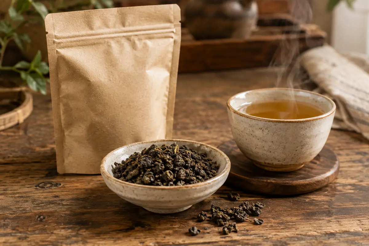 Feuilles de thé oolong en vrac dans une coupelle en céramique près d’une tasse fumante.