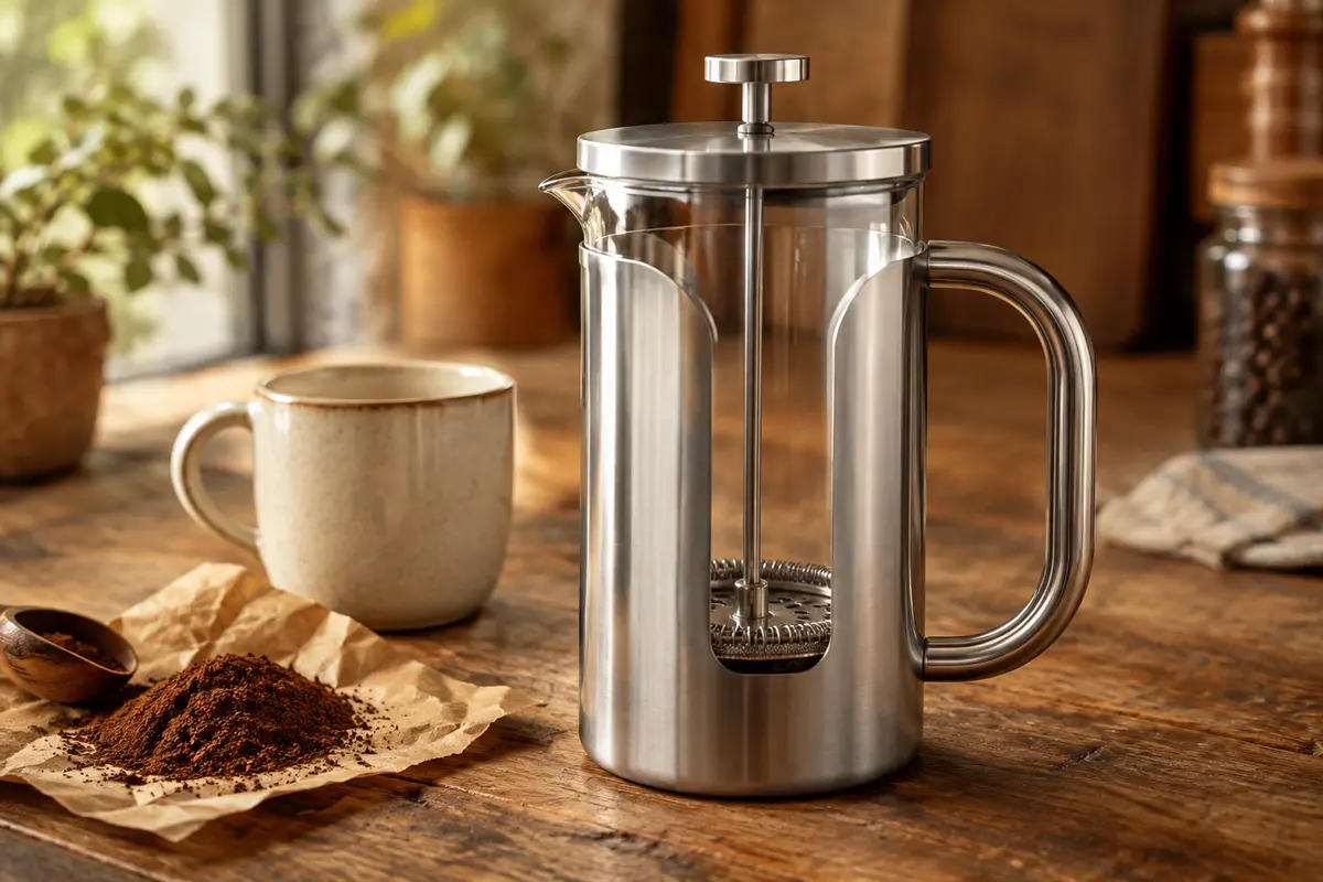 Cafetière à piston Kichly en acier inoxydable posée sur un comptoir en bois près d’une tasse de café