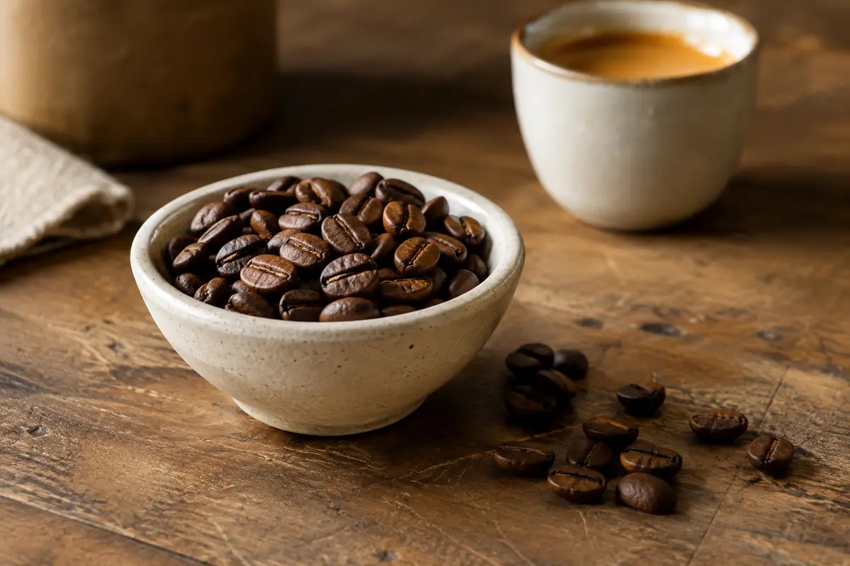 Grains de café Kimbo Espresso Classico dans une coupelle en céramique sur un comptoir en bois