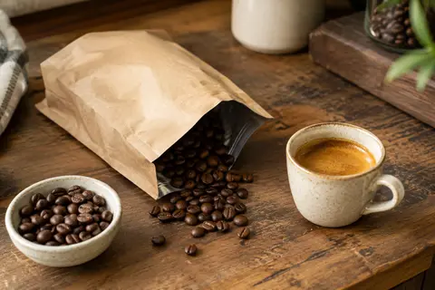 Grains de café torréfiés près d’un espresso ambré sur un comptoir en bois patiné.