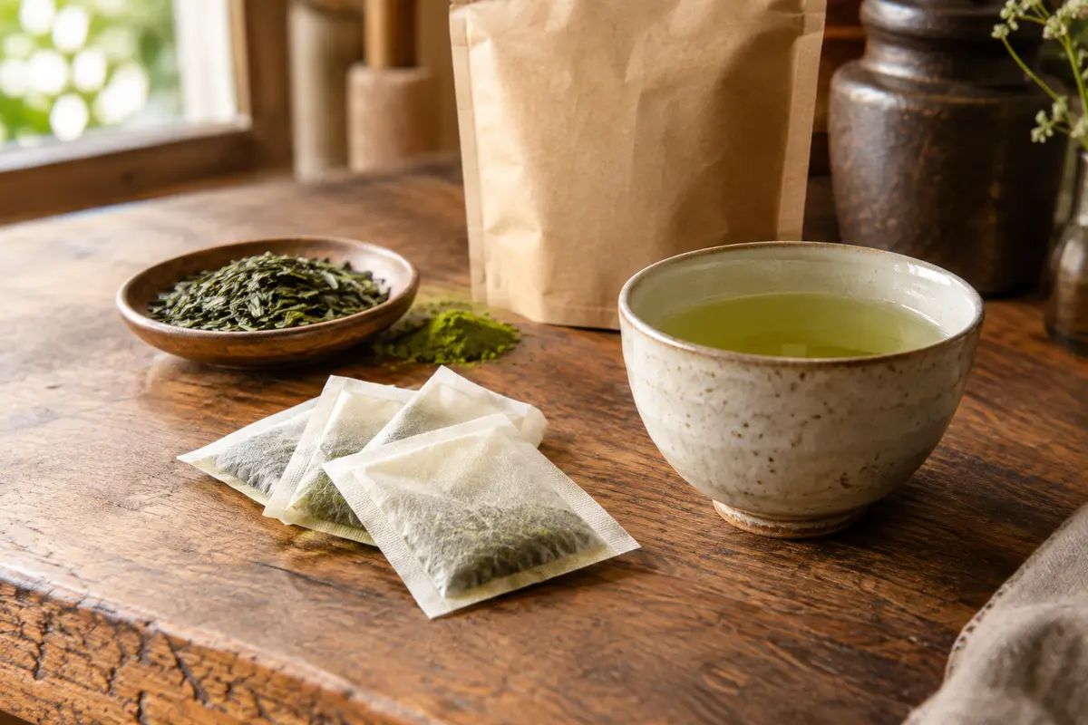 Sachets de thé vert Sencha et matcha près d’une tasse en céramique sur un comptoir en bois