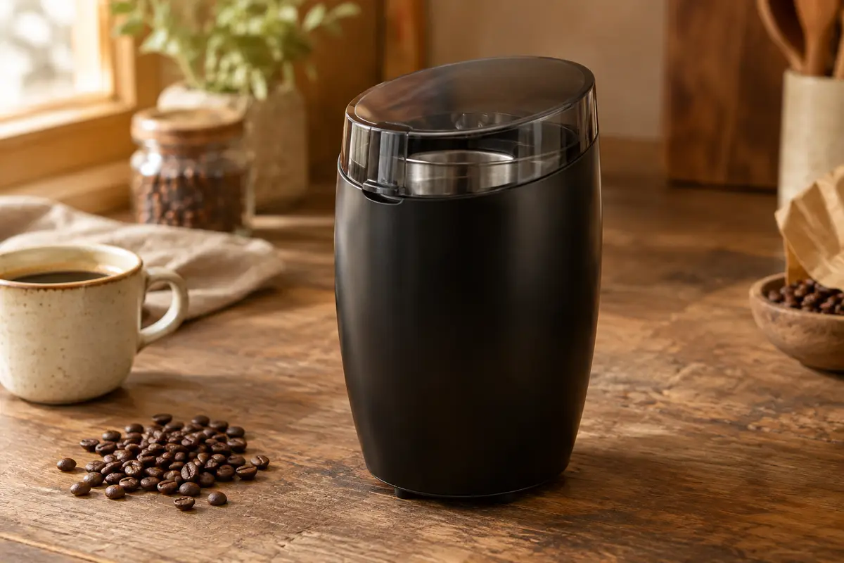 Moulin à café électrique noir au corps arrondi, posé sur un comptoir artisanal en bois avec des grains de café
