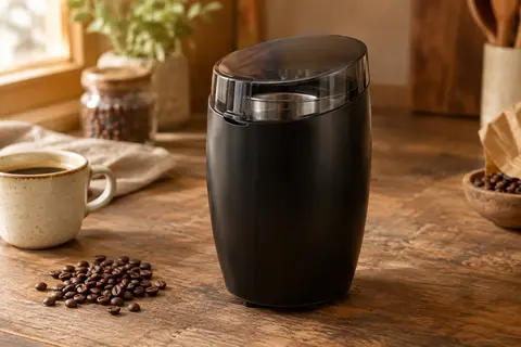 Moulin à café électrique noir au corps arrondi, posé sur un comptoir artisanal en bois avec des grains de café
