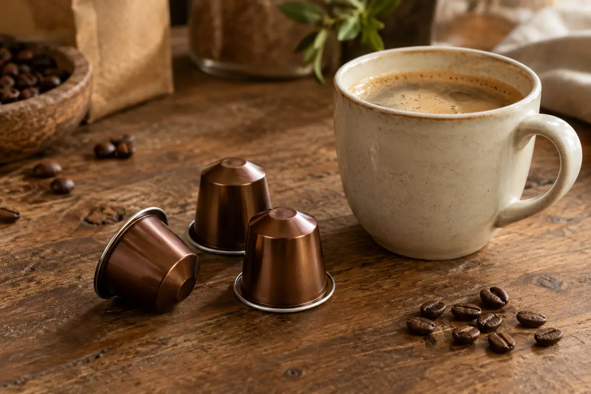Capsules de café en aluminium près d’une tasse de lungo à la mousse légère sur un comptoir en bois