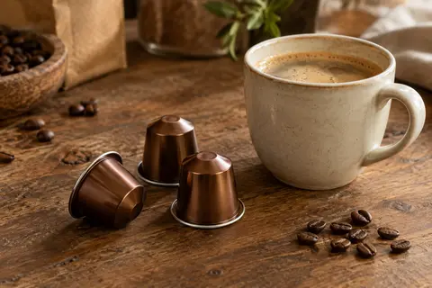 Capsules de café en aluminium près d’une tasse de lungo à la mousse légère sur un comptoir en bois