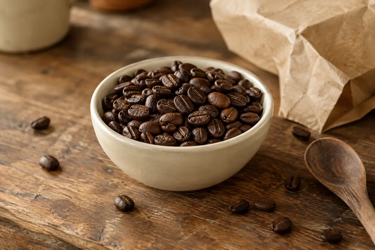 Grains de café entiers torréfiés dans une coupelle en céramique sur un comptoir en bois