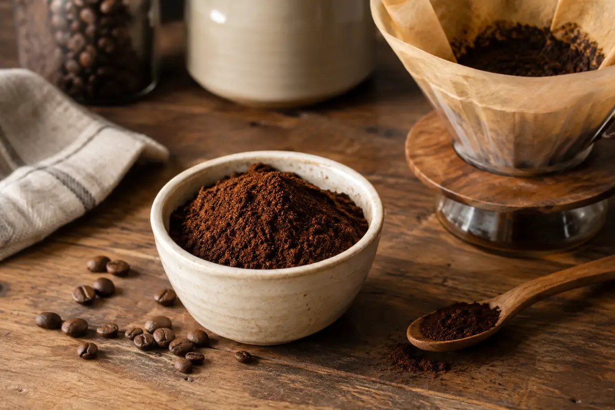 Café moulu brun dans une coupelle en céramique, avec une cuillère en bois et un filtre sur un comptoir