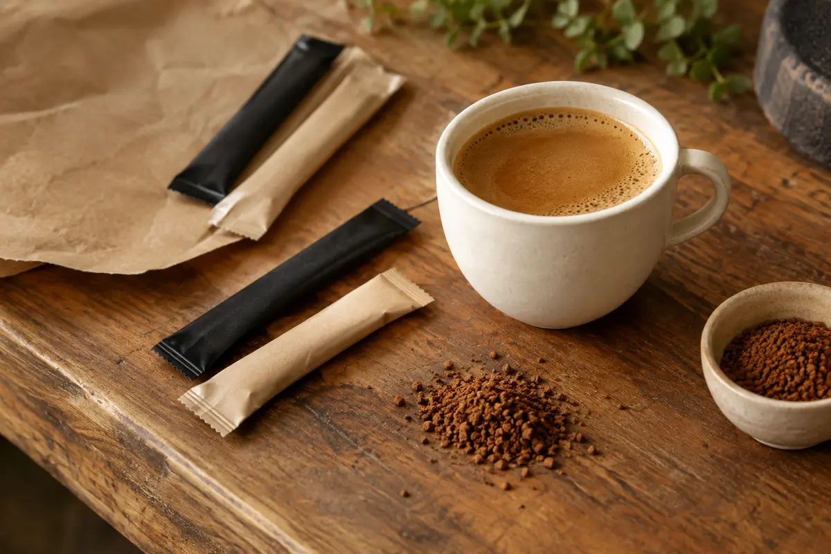 Sticks de café soluble près d’une tasse en céramique contenant un café brun ambré