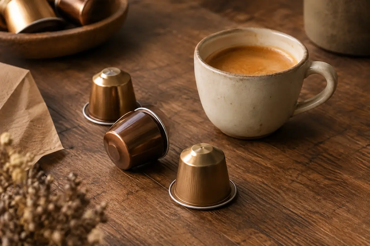 Capsules espresso en aluminium disposées près d’une tasse sur un comptoir en bois