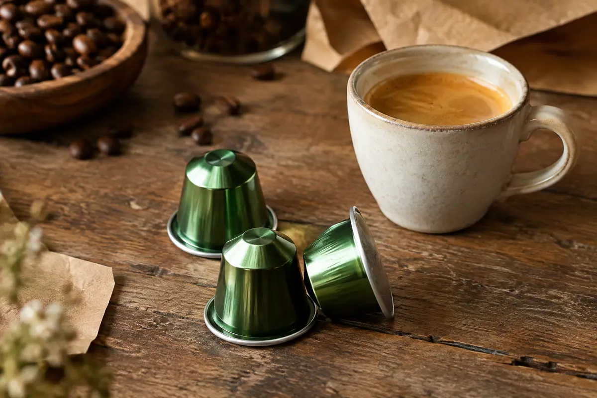Capsules XXL en aluminium vertes présentées près d’un espresso sur un comptoir en bois patiné.