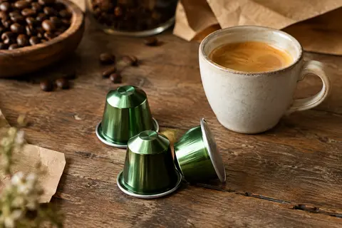 Capsules XXL en aluminium vertes présentées près d’un espresso sur un comptoir en bois patiné.