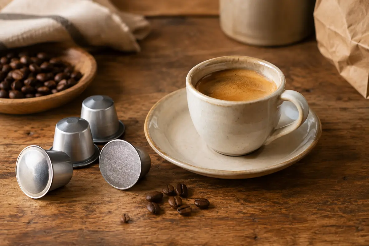 Capsules de café en aluminium disposées près d’un espresso sur un comptoir en bois patiné.