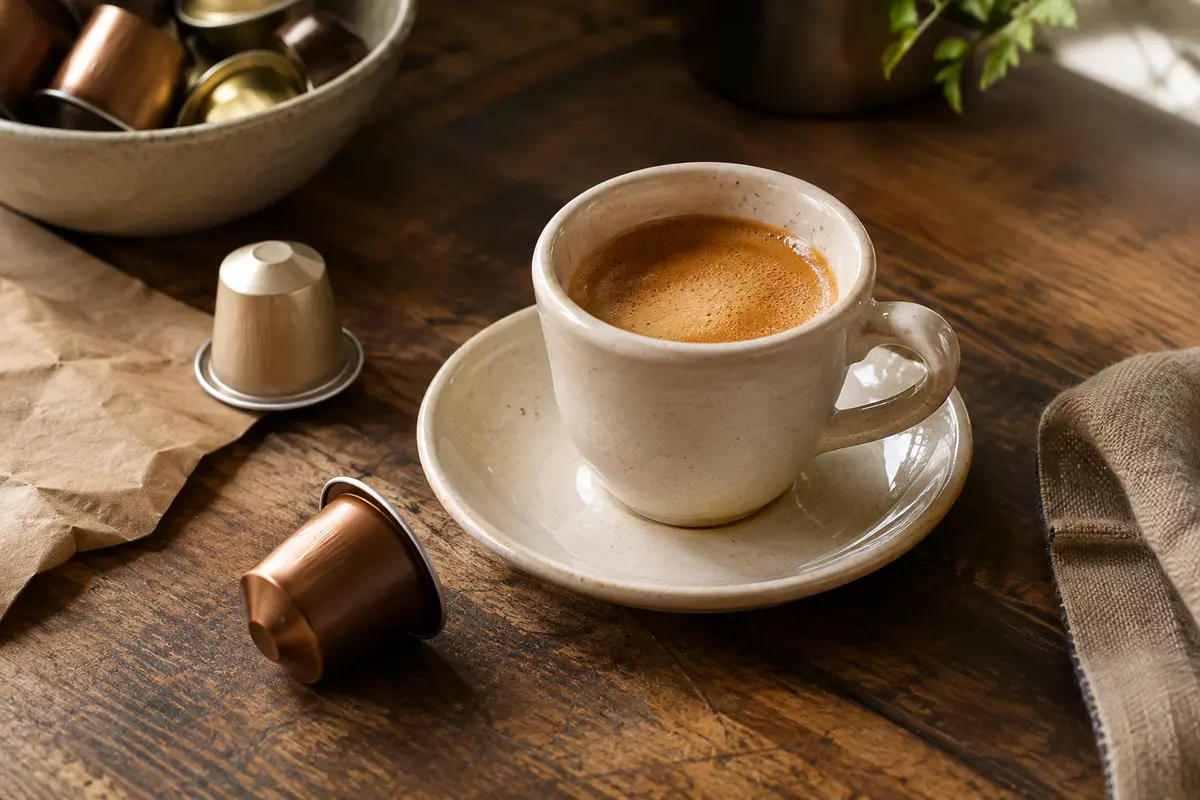 Tasse d’espresso à la crema dorée accompagnée de capsules en aluminium sur un comptoir en bois.