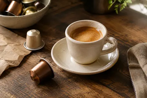 Tasse d’espresso à la crema dorée accompagnée de capsules en aluminium sur un comptoir en bois.