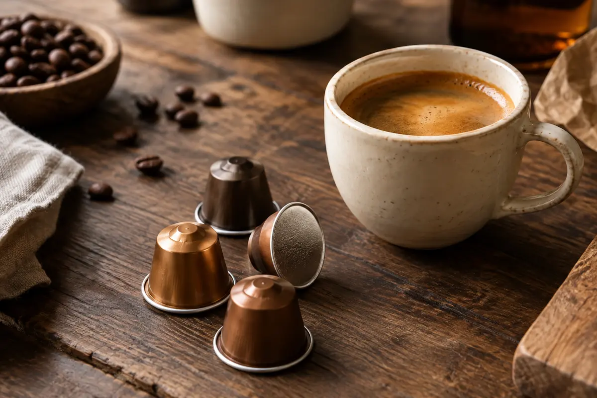 Capsules de café en aluminium près d’une tasse d’espresso sur un comptoir en bois