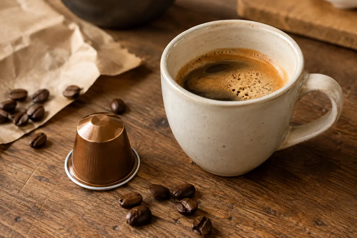 Capsule de café en aluminium posée près d’un espresso dans une tasse en céramique sur un comptoir en bois.