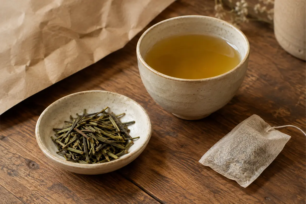 Brindilles de thé kukicha et sachet d’infusion présentés sur un comptoir en bois patiné