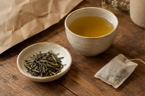 Brindilles de thé kukicha et sachet d’infusion présentés sur un comptoir en bois patiné