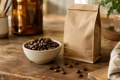 Grains de café brun foncé dans une coupelle en céramique, sur un comptoir en bois patiné