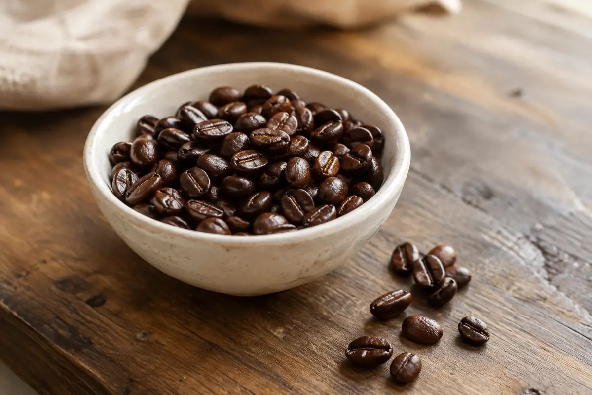Grains de café torréfiés présentés dans une coupelle en céramique sur un comptoir en bois.