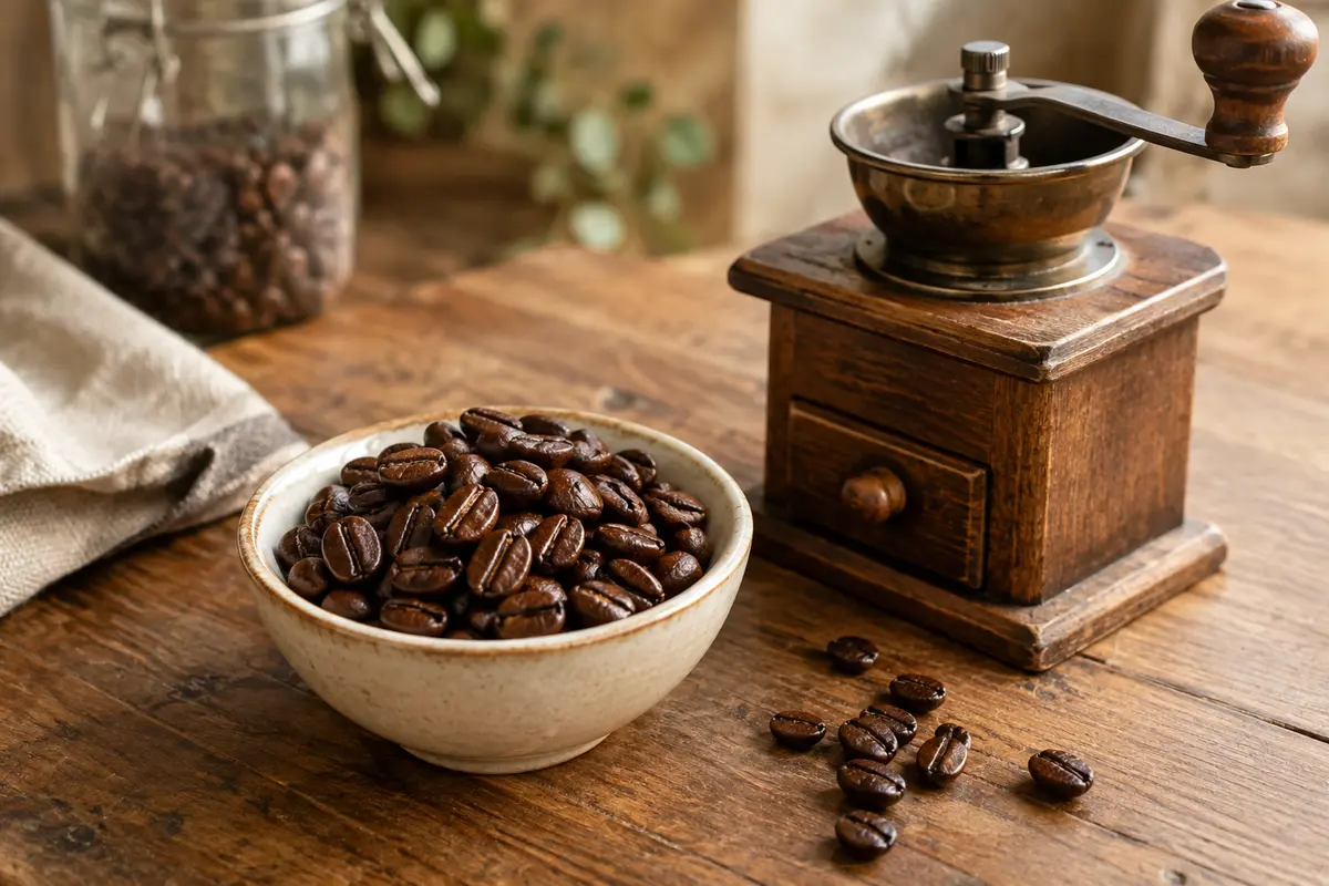 Grains de café torréfiés dans une coupelle en céramique crème sur un comptoir en bois patiné.