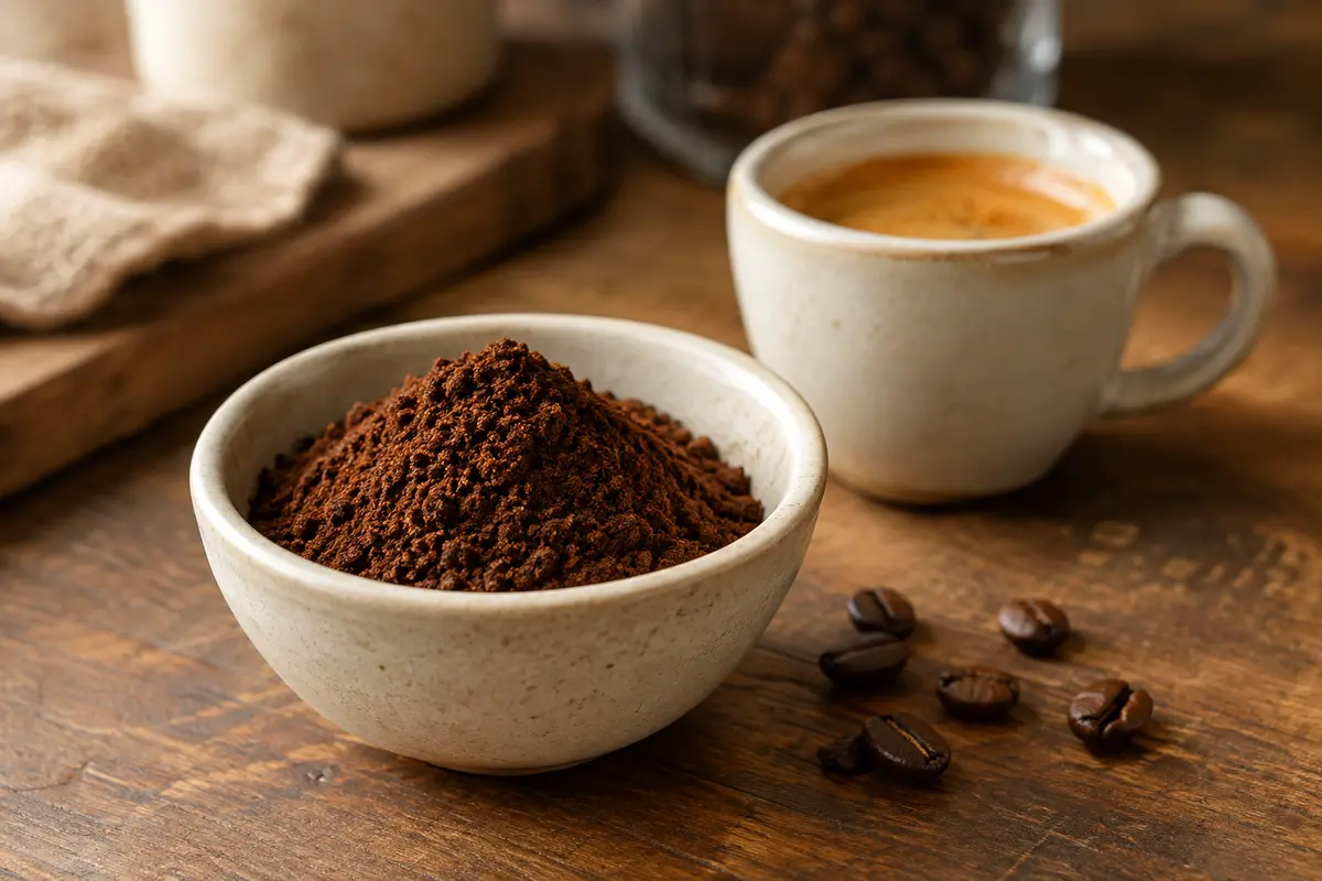 Café moulu brun dans une coupelle en céramique, accompagné d’un espresso sur un comptoir en bois.
