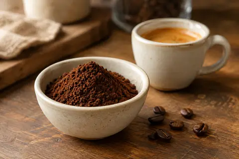 Café moulu brun dans une coupelle en céramique, accompagné d’un espresso sur un comptoir en bois.