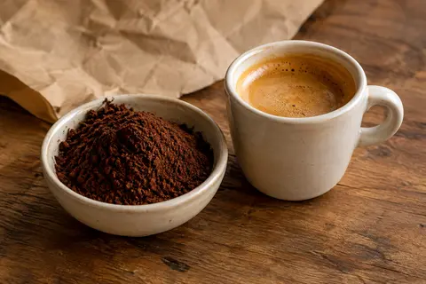 Café moulu brun dans une coupelle en céramique, accompagné d’un espresso à la crema dorée.