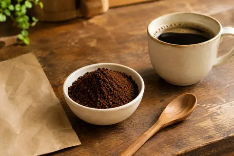 Café moulu brun dans une coupelle en céramique, posé près d’une tasse sur un comptoir en bois patiné.