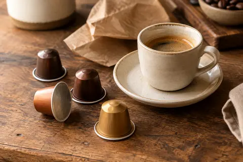 Capsules de café en aluminium près d’une tasse d’espresso sur un comptoir en bois patiné.