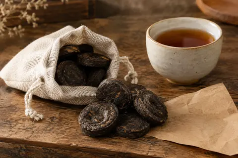 Mini galettes de pu-erh aux teintes brunes réunies dans un sac tissé sur un comptoir en bois.
