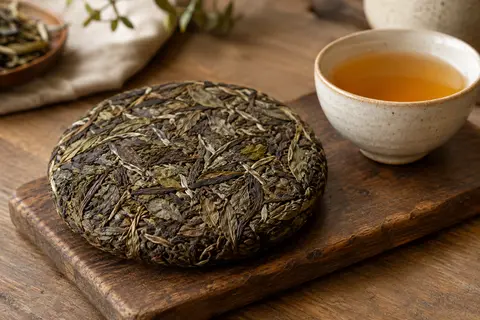 Galette de pu-erh cru Sheng aux feuilles pressées, posée près d’une tasse de liqueur dorée