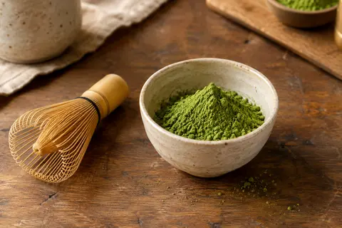 Poudre de matcha vert dans un bol en céramique posé sur un comptoir en bois patiné