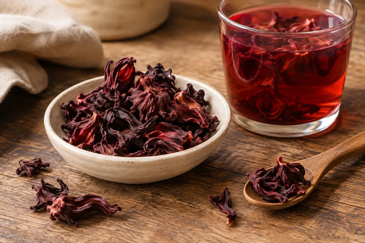 Fleurs d’hibiscus séchées en vrac près d’un verre d’infusion rouge rubis