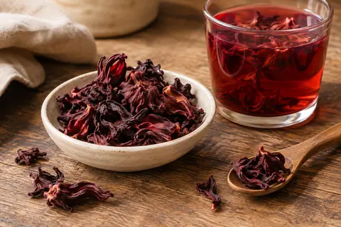 Fleurs d’hibiscus séchées en vrac près d’un verre d’infusion rouge rubis
