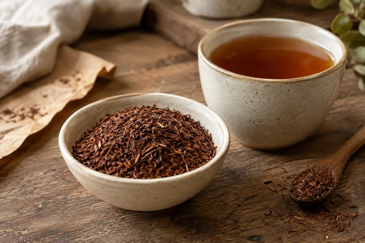 Feuilles de rooibos en vrac près d’une tasse d’infusion ambrée sur un comptoir en bois