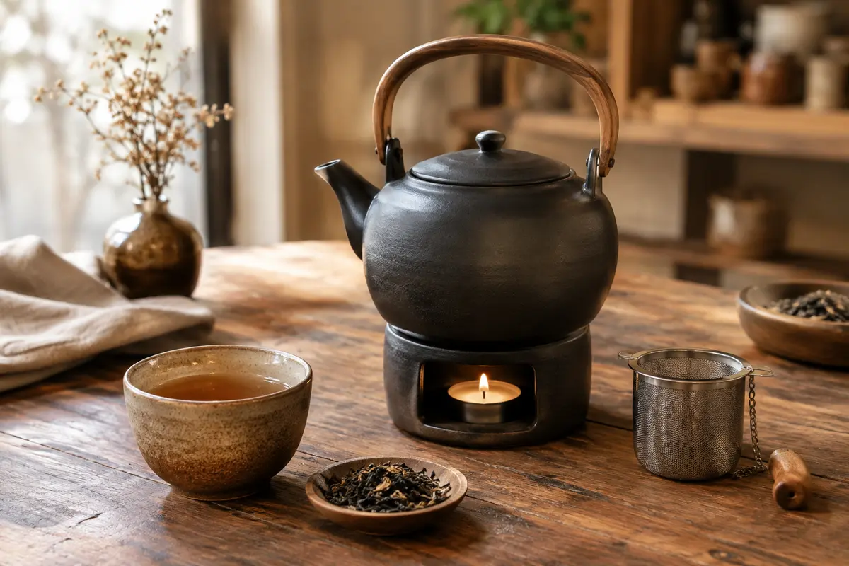 Théière noire en céramique avec infuseur métallique, poignée en bois et réchaud à bougie sur une table en bois.