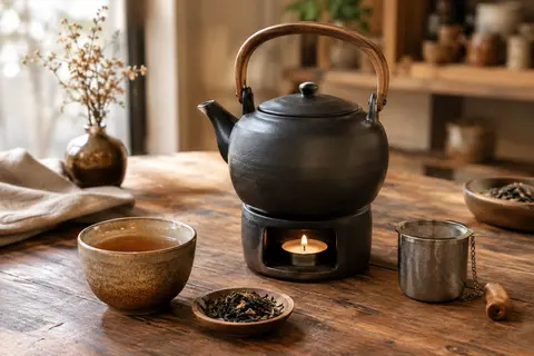 Théière noire en céramique avec infuseur métallique, poignée en bois et réchaud à bougie sur une table en bois.