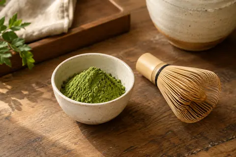 Poudre de matcha vert dans un bol en céramique crème, avec un fouet posé sur un comptoir en bois.