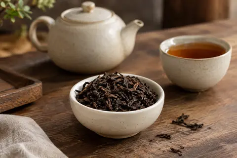 Feuilles de thé pu-erh en vrac présentées dans une coupelle en céramique sur un comptoir en bois