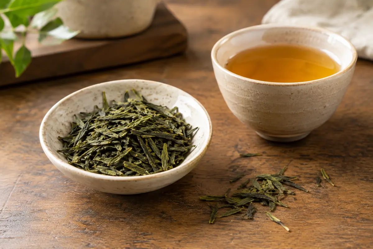 Feuilles de thé vert Sencha dans une coupelle en céramique, près d’une tasse d’infusion ambrée
