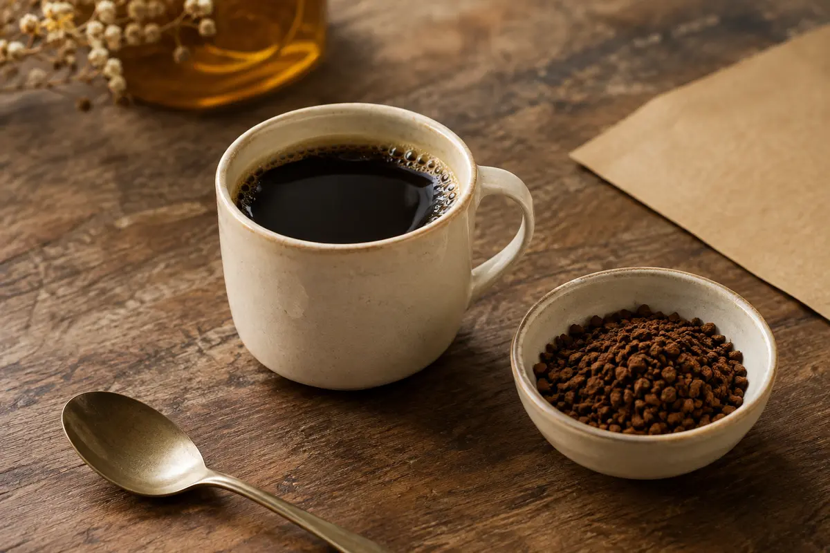 Tasse de café noir préparé avec des cristaux de café instantané, sur un comptoir en bois patiné