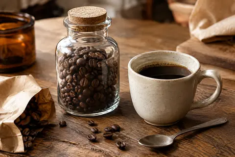 Flacon en verre rempli de café soluble granulé posé près d’une tasse en céramique sur un comptoir en bois