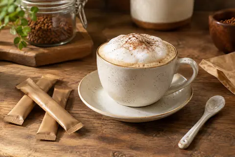 Tasse de cappuccino à la mousse onctueuse accompagnée de sticks sur un comptoir en bois.