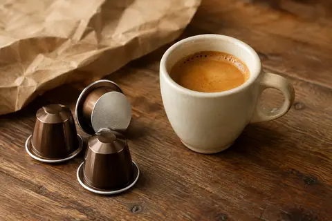 Tasse d’espresso à la crème dense accompagnée de capsules de café sur un comptoir en bois