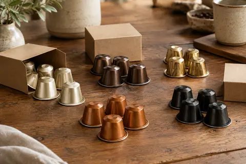 Assortiment de capsules de café en aluminium disposées par variétés sur un comptoir en bois