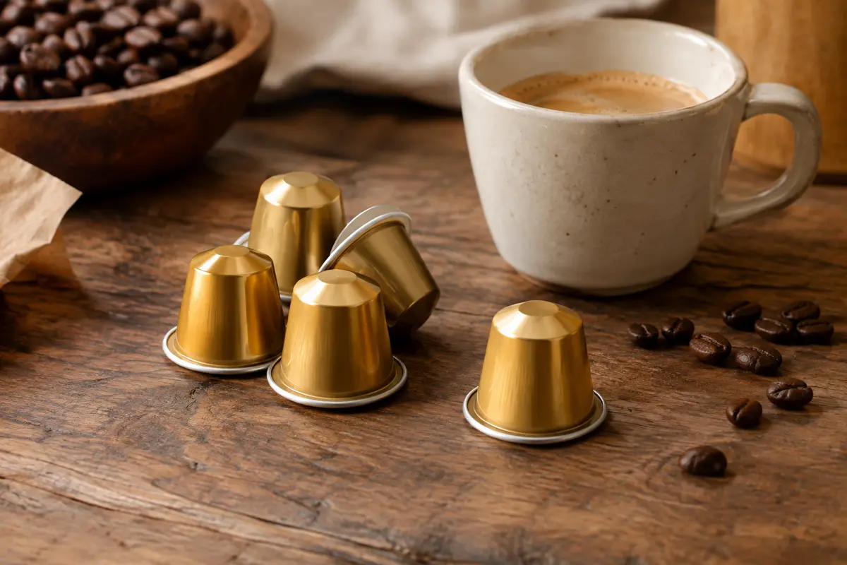 Capsules de café Volluto dorées disposées sur un comptoir en bois près d’une tasse en céramique.