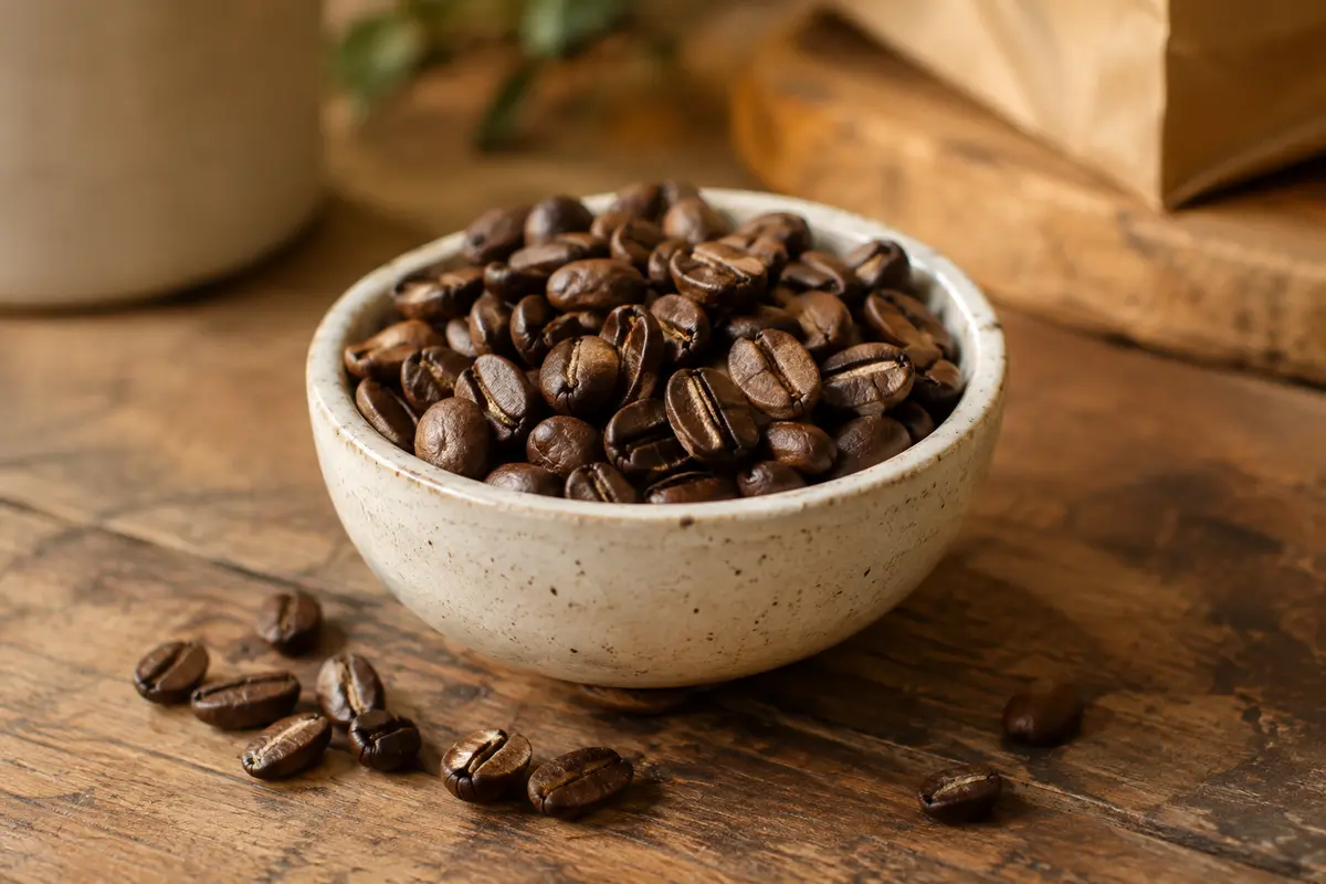 Grains de café Arabica entiers dans une coupelle en céramique sur un comptoir en bois
